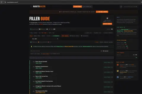 NarutoKaizen zeigt alle 720 Naruto-Folgen, inklusive **naruto filler folgen**, um die Geschichte ohne unnötige Füller zu verfolgen.