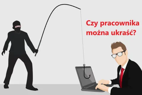 Złodziej w masce próbuje "ukraść" pracownika, który pracuje przy laptopie. Ilustracja symbolizuje nieuczciwą konkurencję i podkradanie talentów.