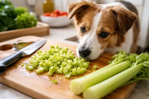 A curious dog sniffs chopped celery on a cutting board, wondering if dogs can eat celery raw.
