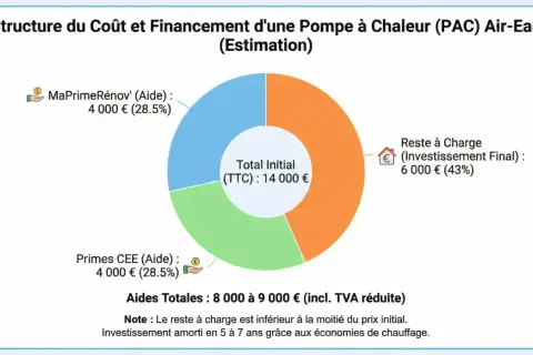 Structure du coût d'une PAC Air-Eau : 14 000€ TTC. Aides : 8 000-9 000€. Reste à charge : 6 000€. Le coût remplacement chaudière fioul par pompe à chaleur est amorti.