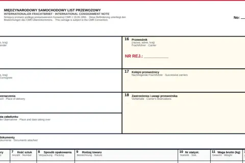 Międzynarodowy list przewozowy CMR z polami do wypełnienia danych nadawcy, odbiorcy, przewoźnika i szczegółów przesyłki.