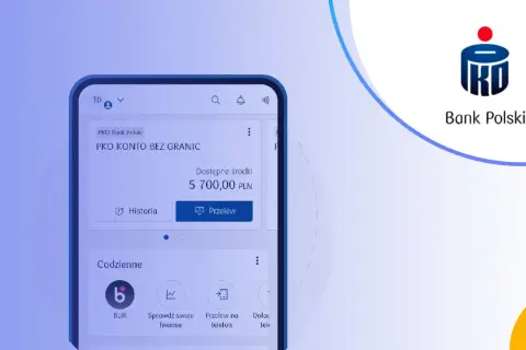 Aplikacja mobilna PKO Bank Polski z widokiem konta "PKO KONTO BEZ GRANIC" i dostępnymi środkami 5 700,00 PLN.