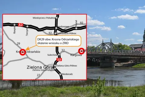 Mapa drogowa z zaznaczonym Krosnem Odrzańskim i informacją o DK29. Obok most w budowie i wieża kościelna. Sprawdź krosno odrzańskie pogoda na 10 dni.