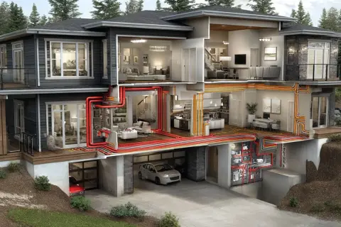 Genomskärning av ett modernt hus som visar ventilationssystemet med röd och orange utgående luft som distribueras genom väggar och golv.