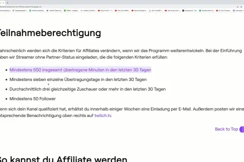 Um twitch affiliate werden zu können, brauchst du 500 Minuten Streaming, 7 Streams, 3 Zuschauer und 50 Follower in 30 Tagen.