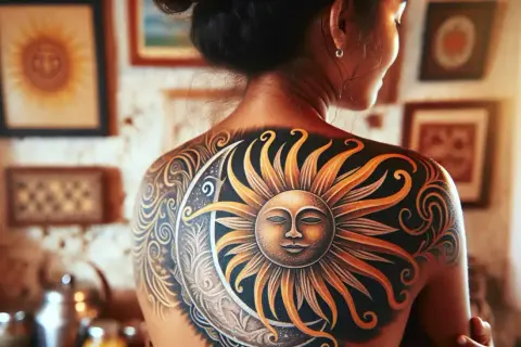 Tatuaje de sol y luna en la espalda, simbolizando el equilibrio y la energía vital. El sol, con su rostro sereno, representa el poder y la iluminación, un significado profundo para un tatuaje.