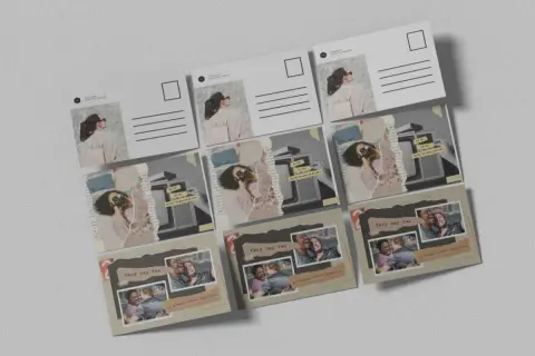Kolekcja pocztówek z kolażami zdjęć i tekstem "they say two". Różne pocztówki wymiary, niektóre z kobietą z tyłu, inne z parami.