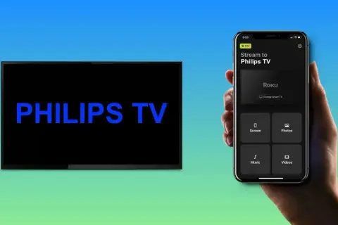 Użyj aplikacji na telefonie do klonowania ekranu na telewizor Philips. Wyświetla opcje Screen, Photos, Music, Videos.