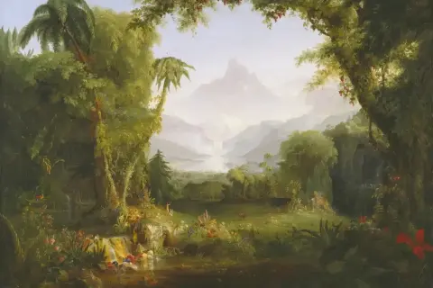 Un paisaje exuberante y brumoso, con cascadas y montañas, evoca la serenidad del jardín del edén. Palmeras y flores vibrantes adornan la escena.