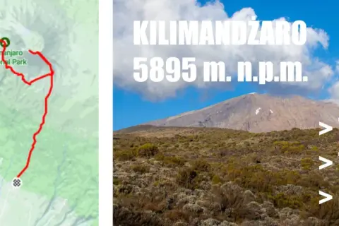 Mapa szlaku na Kilimandżaro, pokazująca trasę z Nkweseko przez Machame do szczytu. W tle majestatyczny widok góry.
