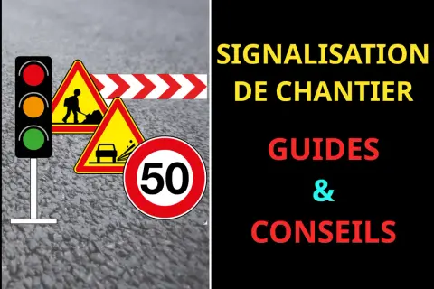 Signalisation de chantier : feux, panneaux de danger, limitation de vitesse 50, barrière. Respectez la loi de roulage.