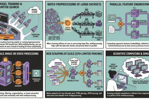 Entraînement de modèles ML, traitement de données, ingénierie de caractéristiques, traitement d'images, web scraping et simulations scientifiques : le multiprocessing accélère ces tâches.