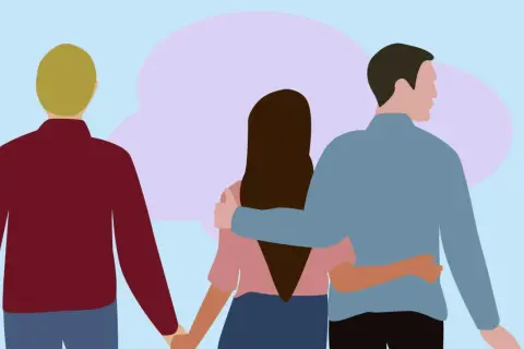 Drie personen, een vrouw in het midden met twee mannen aan weerszijden. Een man houdt haar hand vast, de ander slaat een arm om haar heen. Valkuilen lat relatie.