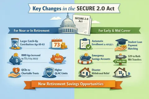 Infographic detailing key changes in the SECURE 2.0 Act, including retirement savings opportunities for different career stages.