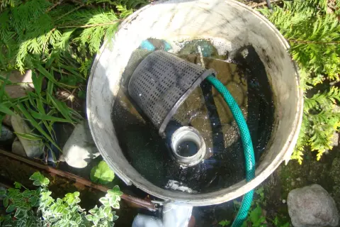Domowy filtr z beczki projekt: siatka z wężem w wiadrze z wodą i osadem, otoczony zielenią.