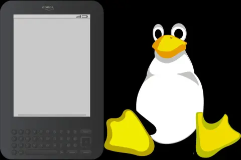 Un e-reader avec un clavier ressemble à un Tux, le pingouin de Linux, prêt à lire.