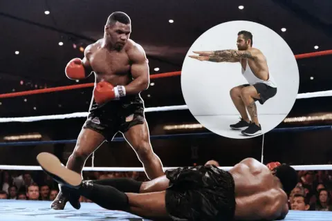 Mike Tyson in the ring, with a superimposed image of a man doing a squat.