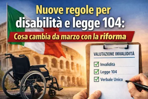 Novità per chi assiste un disabile: la riforma di marzo porta nuove regole su invalidità e Legge 104. Sedia a rotelle e Colosseo sullo sfondo.