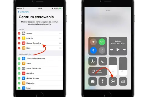 iPhone z włączonym nagrywaniem ekranu. Na lewym ekranie widać ustawienia Centrum sterowania, gdzie zaznaczono "Screen Recording". Prawy ekran pokazuje Centrum sterowania z aktywną funkcją nagrywania.