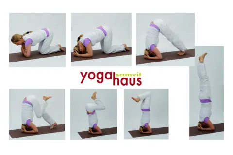 Frau übt verschiedene Schritte des Sirsasana Yoga, beginnend auf Knien, dann auf Unterarmen und Kopf, bis sie den Kopfstand erreicht.
