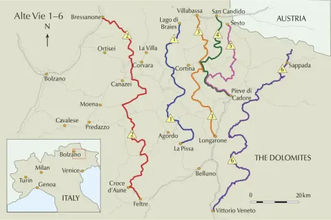 Carte des Alte Vie 1-6 dans les Dolomites, incluant l'Alta Via 2.