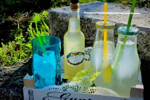 Bouteilles et verre remplis de sirop de sureau, prêts à déguster. Découvrez les bienfaits du sirop de sureau pour une boisson rafraîchissante et saine.