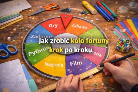 Jak zrobić koło fortuny dla dzieci? Kolorowe koło z kategoriami: Gry, Zabawa, Nagroda, Film, Pytania, Zadanie.