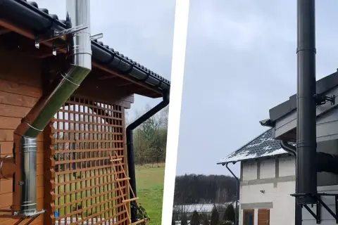 Dwa domy z zainstalowanymi systemami kominowymi. Po lewej błyszczący komin systemowy bez pozwolenia, po prawej czarny.