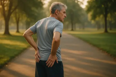 Homme âgé se tenant le côté, souffrant de douleur à la prothèse de hanche après 10 ans, dans un parc brumeux au lever du soleil.
