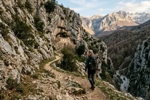 Escursionista su un sentiero roccioso, con un antico edificio incastonato nella roccia. Un viaggio che sembra un vero sentiero dello spirito tra montagne maestose.