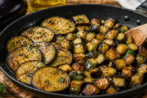 Aubergines coupées en rondelles et en dés, poêlées avec des herbes. Une délicieuse recette aubergine poêle prête à être dégustée.