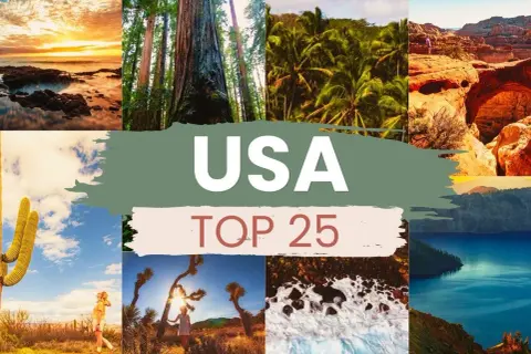 Kolaż zdjęć z USA: zachód słońca nad oceanem, sekwoje, palmy, kaniony, kaktusy, pustynia, lodowe formacje i jezioro.