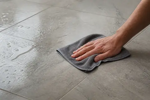 Main tenant nettoie un carrelage poreux avec un chiffon. Le vinaigre blanc est idéal pour ce type de surface.