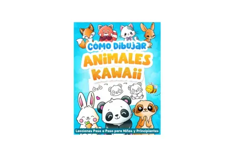 Libro "Cómo Dibujar Animales Kawaii" con un zorro, panda, conejo y perezoso adorables. Lecciones paso a paso para niños.