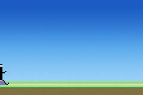 Czarna postać w stylu pixel art biegnie po tęczowych platformach. Klasyczne gry mobilne.