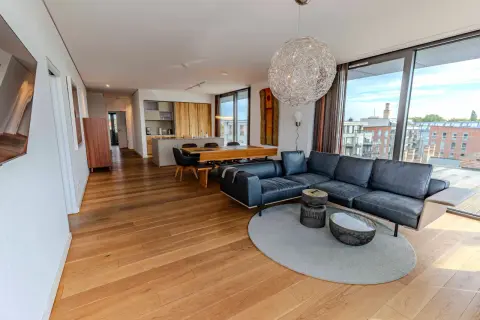Moderne Wohnung mit großem Ledersofa, Essbereich und offener Küche. Perfekt für Immobilien verkaufen Fotos.