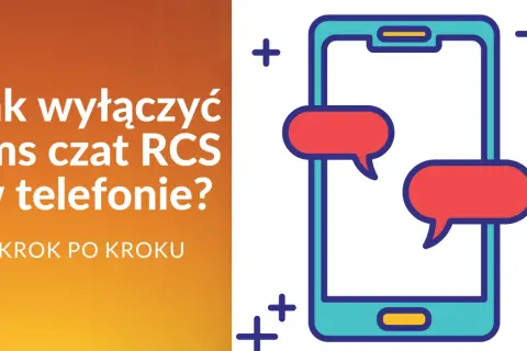 Jak wyłączyć sms czat RCS w telefonie? Instrukcja krok po kroku z ikoną smartfona i dymkami czatu.