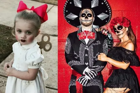 Pomysły na przebranie na Halloween: urocza dziewczynka jako nakręcana lalka i para w strojach Día de Muertos.