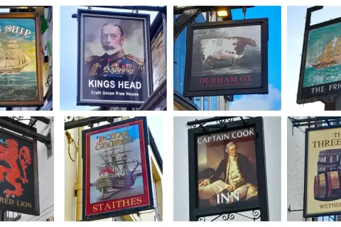 Carteles de pubs con nombres ingleses antiguos elegantes: The Ship, Kings Head, Durham Ox, The Frigate, The Red Lion, Royal George, Captain Cook, The Three Tuns.