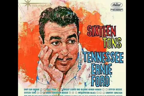 Okładka albumu Tennessee Ernie Ford "Sixteen Tons". Portret artysty z charakterystycznym wąsem i pierścieniem na palcu.