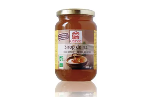 Bocal de sirop de riz Celnat, un sucrant naturel idéal pour remplacer le sucre dans vos boissons et pâtisseries. 460g.