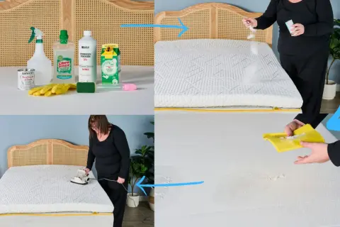 Cleaning a mattress topper that smells like sweat. Baking soda is sprinkled on, then a damp cloth is used to clean.