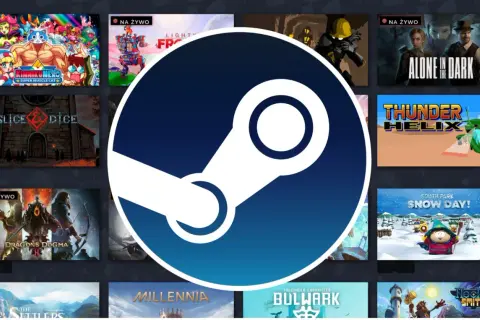 Logo Steam na tle okładek gier komputerowych.