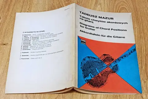 Otwarta książka z tabelami chwytów gitarowych i schematycznym rysunkiem gitary.