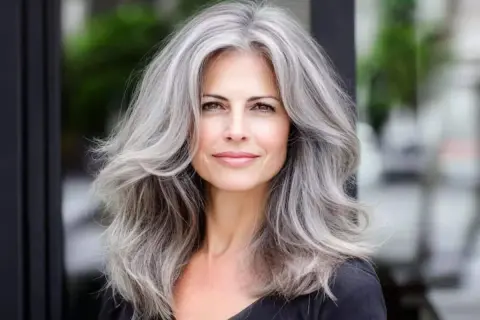 Donna con splendidi tagli capelli grigi, lunghi e ondulati, che incorniciano un viso sorridente.