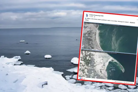 Zimowy Bałtyk z lodem na wodzie. Obok post na Facebooku Instytutu Oceanologii PAN: "Bałtyk z rekordowo niskim poziomem wód. Co się dzieje i dlaczego to ważne?".