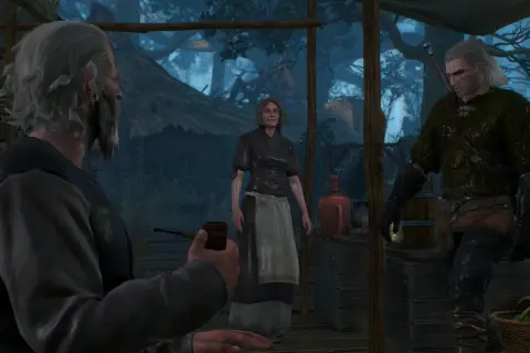 Geralt z Rivii w "Wiedźmin 3 bez śladu" rozmawia z parą wieśniaków.