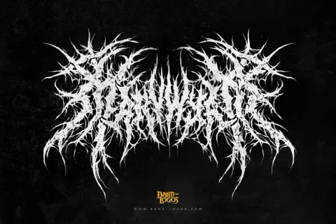 Białe, postrzępione logo zespołu w stylu black metal, przypominające korzenie lub ciernie, na czarnym, teksturowanym tle.