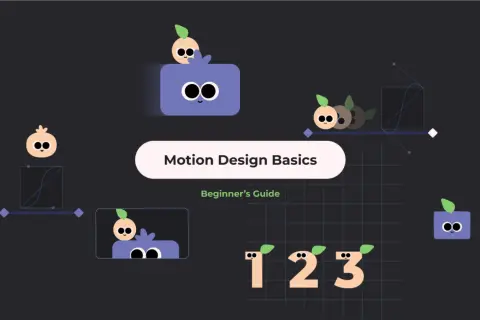 Cute characters illustrate motion design tutorials, showing animation curves and the numbers 1, 2, 3.