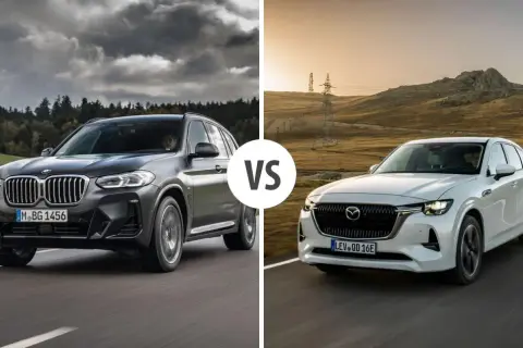 Szara BMW X3 i biała Mazda CX-60 jadące po drogach.